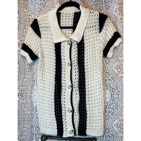 Handmade Crochet Short Sleeve Cardigan & Shorts Set  Stylish Black & White Strip - Picture 4 of 11